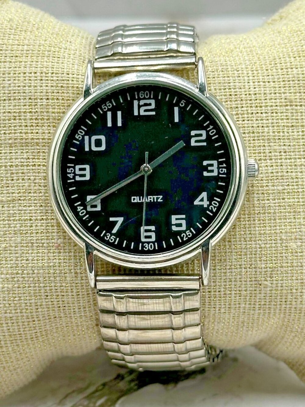 3/$30 Blair Watch Women Silver Tone Black Dial Stretch Band New Battery 6.75"